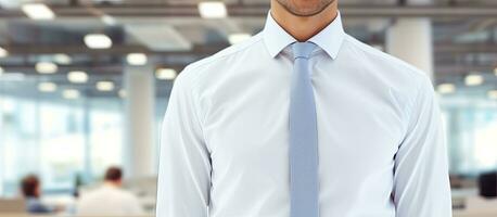 Smiling businessman in modern office with text space photo