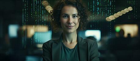 A woman IT developer poses with a smile surrounded by code in an office photo