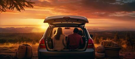 Pareja disfrutando puesta de sol juntos en nuevo coche maletero foto