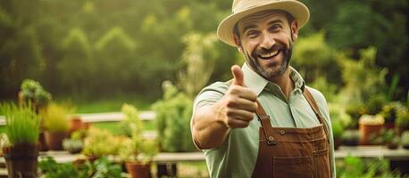 sonriente granjero en sombrero y delantal señalando en jardín al aire libre zona disponible foto