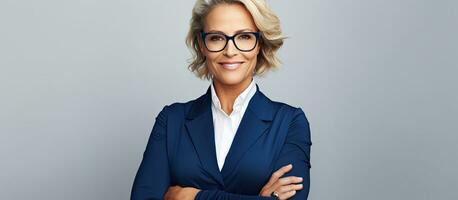 Blonde businesswoman in her 40s wears formal attire glasses and appears confident holding crossed hands photo