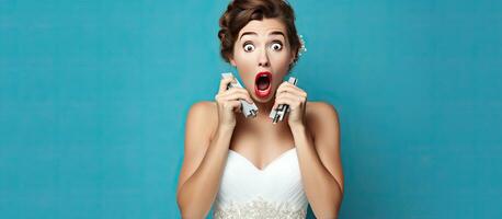 Surprised young woman in wedding attire holding keys covering mouth with hand isolated on blue background Wedding ceremony concept photo