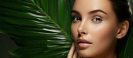 Beautiful young woman with glowing skin holds tropical leaf partly covering face Gentle makeup personal care concept photo