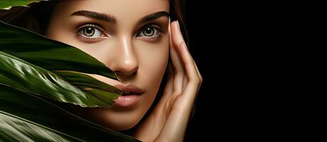 Beautiful young woman with glowing skin holds tropical leaf partly covering face Gentle makeup personal care concept photo