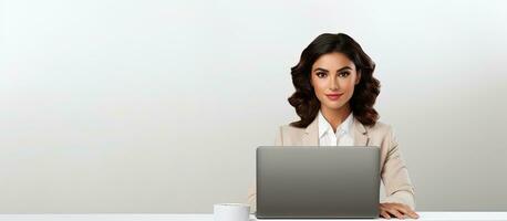 Isolated portrait of confident businesswoman presenting laptop screen copy space photo