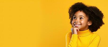 Thoughtful smiling Black girl on yellow background looks at empty space Happy mixed race teenager considers a great sale or promotion Ad idea photo