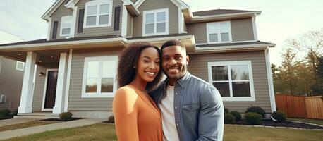 An ethnically diverse couple proudly poses in front of their new home holding house keys photo