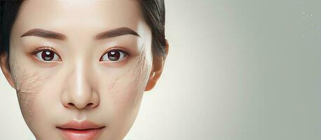 Half of the face of an Asian woman with fresh skin and freckles is featured on a white banner background photo