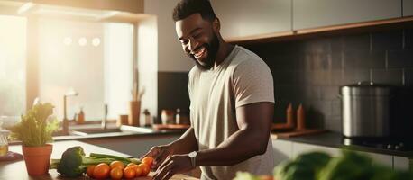 Smiling black man cooking and cutting vegetables in a cozy kitchen copy space available photo