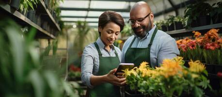 Multicultural plant nursery workers using tablet and drinking coffee photo