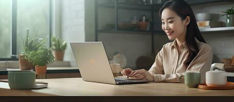 Asian woman sitting at desk in kitchen enjoying coffee snacks and online content photo