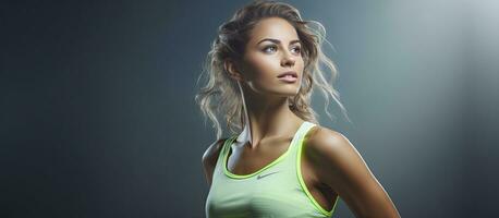 Fit sportswoman ready for a sprint over grey background with space for text photo
