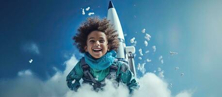 Happy little black boy with a homemade rocket playing astronaut with white handmade stars on a blue background Expressing childhood creativity and imag photo