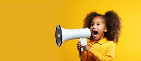 African American girl shouting sharing news with copy space on yellow studio background photo