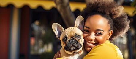 African American woman cuddling her French Bulldog pet on yellow studio background photo