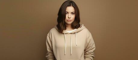 Studio portrait of curvy woman wearing hoodie looking confident with arms crossed against neutral beige background photo