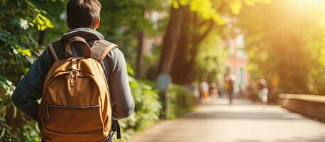 Young student walking with a backpack and pushing a bike promoting eco friendly transportation photo