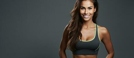 A smiling fitness woman in sportswear poses for a portrait after a workout at the gym isolated on a gray background photo