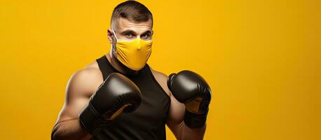 Man wearing mask and gloves yellow background text space Concept of strong immunity photo