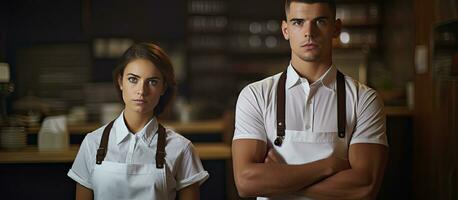 Two young waiters in aprons doing inventory in cafe copy space waist up photo
