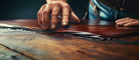 Artisan applying waterproof varnish on leather blank space photo