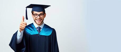 Happy student pointing at empty area isolated on white background in a portrait photo