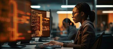 Female IT developer typing on keyboard with programming code and laptop in office interior copy space available photo