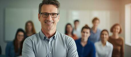 Mature teacher posing happily with students studying photo