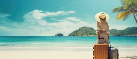 Summer vacation and travel concept Young woman traveler on tropical beach relaxing with luggage photo
