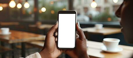 Black woman holding phone with blank screen watching videos at a caf photo