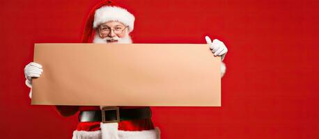 Santa holding banner with blank space on red background photo