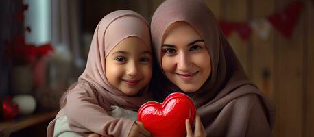 pequeño niña dando madre un regalo corazón dibujado en saludo tarjeta madre vistiendo hijab contento niño abrazando madre y sonriente a el cámara foto