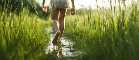 Happy child running barefoot outdoors on green grass at sunset representing the concept of a joyful childhood photo