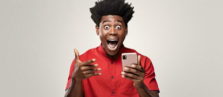 African man holding and pointing to a blank smartphone screen for advertisement photo