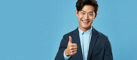 Smiling Asian man points at copy space on blue background with phone photo