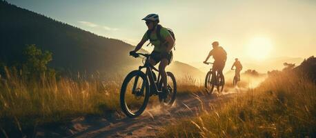 Three friends on electric bicycles enjoying a scenic ride through beautiful mountains photo