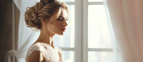 A youthful bride with a sophisticated bridal hairdo indoors by a window photo