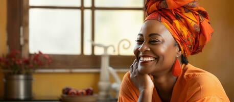 Cheerful African American woman in a headscarf casually dressed laughing at home photo