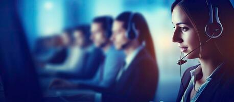 Call center employees with headsets working at their desks in office empty area photo