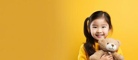 linda asiático niña con osito de peluche oso en pie solo en amarillo antecedentes foto