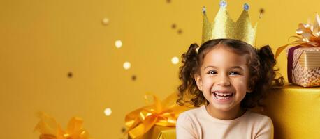Birthday celebration with joyful child girl wearing a crown sale and discount for holiday shopping retail and party preparations photo