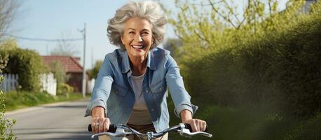 Which direction should I take Senior woman happily cycling alone in a suburban area photo