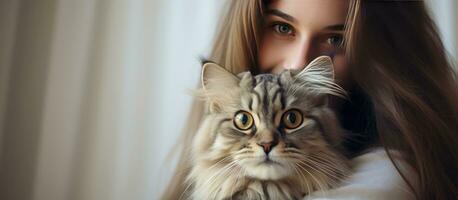 cerca arriba foto de mujer abrazando adorable siberiano gato con verde ojos antecedentes con espacio para Copiar