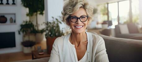 Blonde woman plays video game console at home smiling and celebrating copy space photo