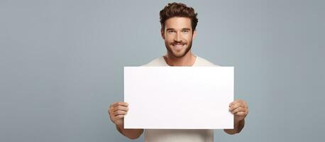 Cheerful man holding blank poster isolated on gray background photo
