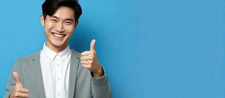 Smiling Asian man points at copy space on blue background with phone photo