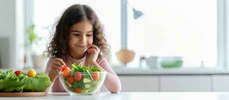 Thoughtful child girl eating fresh vegetables in white kitchen background Healthy food for children Place for advertising text photo