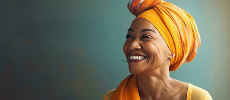alegre africano americano mujer en un Pañuelo por casualidad vestido riendo a hogar foto