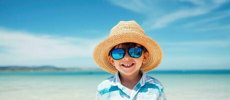 Smiling boy in blue shades and hat enjoys summer vacation by the seaside photo
