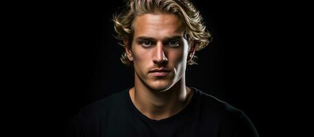 Blonde handsome young man with pale complexion dark shirt looking at camera Black background room for text photo